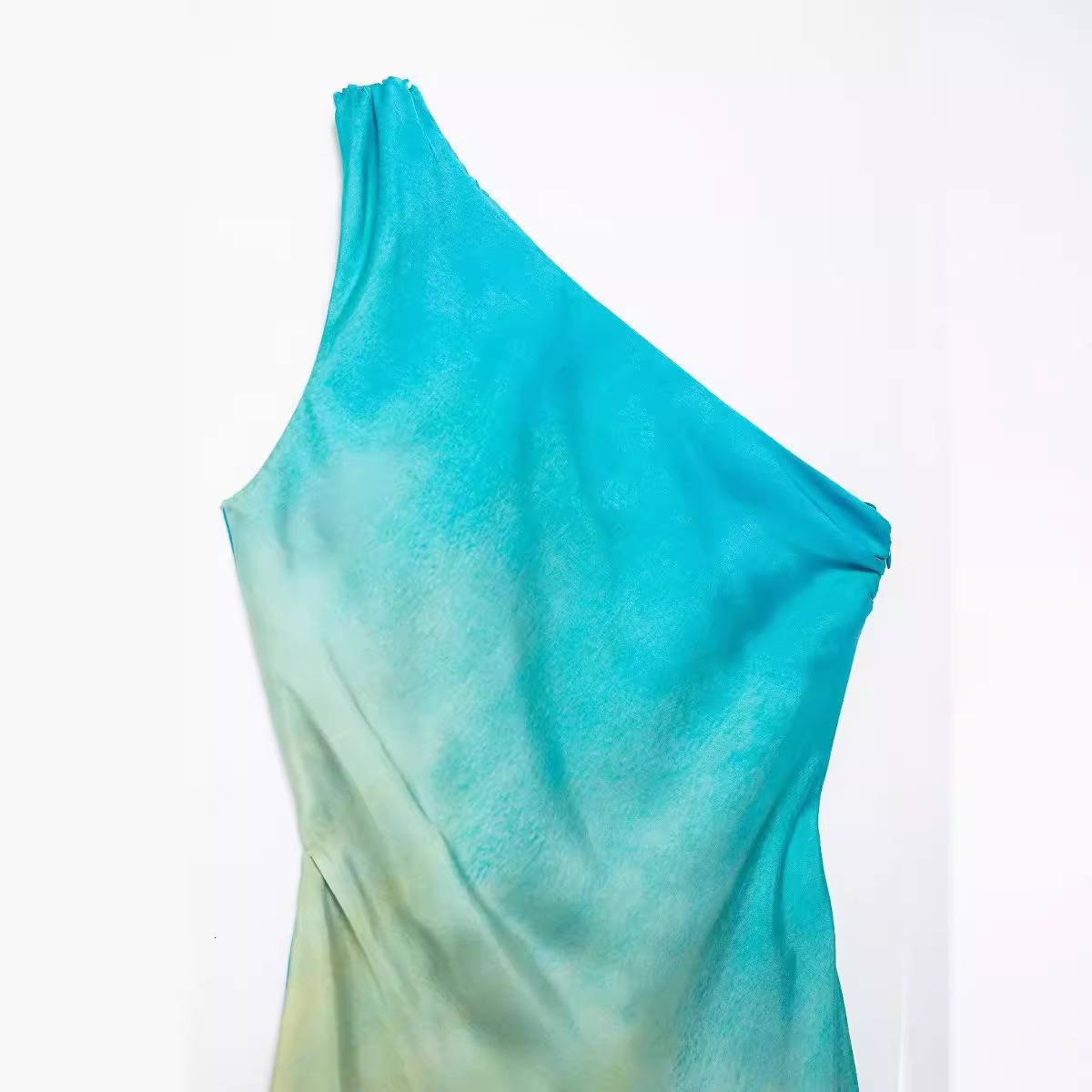 New Satin Sloping Shoulder Dress Tie Dye Gradient Summer Womens Asymmetric