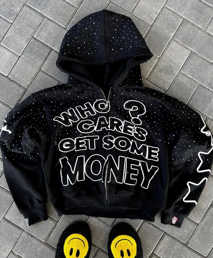 Beaded flower embossed hooded sweatshirt with zipper fashionable street and European American 240909