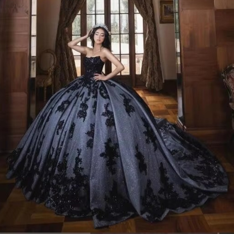 Sparkly Black Princess Quinceanera Dresses 2024 Strapless Gillter Applique Lace Tull Corset vestido de 15 anos Sweet 16 Dress