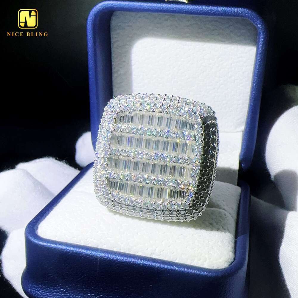 Iced out jewelry hip hop sier moissanite diamond men rings large square shape engagement ring