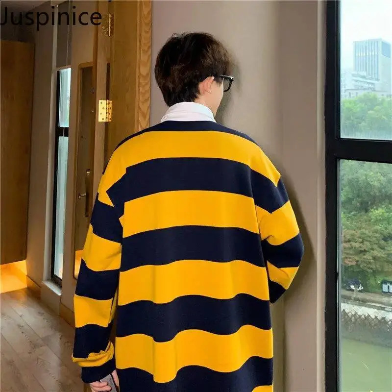 Spring Autumn Lapel Long Sleeve Striped POLO Shirts Fashion Mens Loose Casual High Street Personalized Shirt Male Clothes 240908
