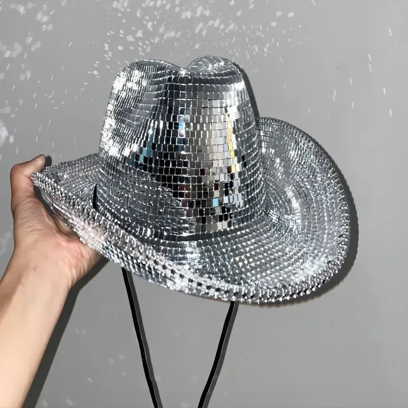 Disco Mirror Ball Cowboy Hat Shiny Silver Fashion Glass Cowgirl Hat Pub Performance Custom Cap Men Party Gathering Show Rave 240904