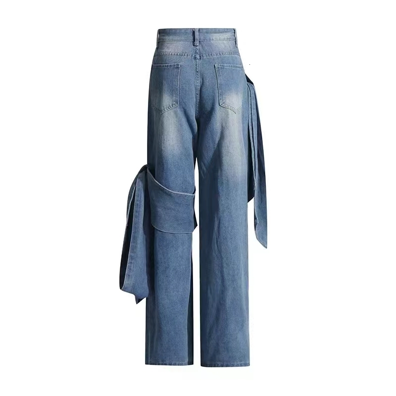 Spring new washed old patchwork bow wide leg pants with a design sense for women's high waisted slim fit jeans