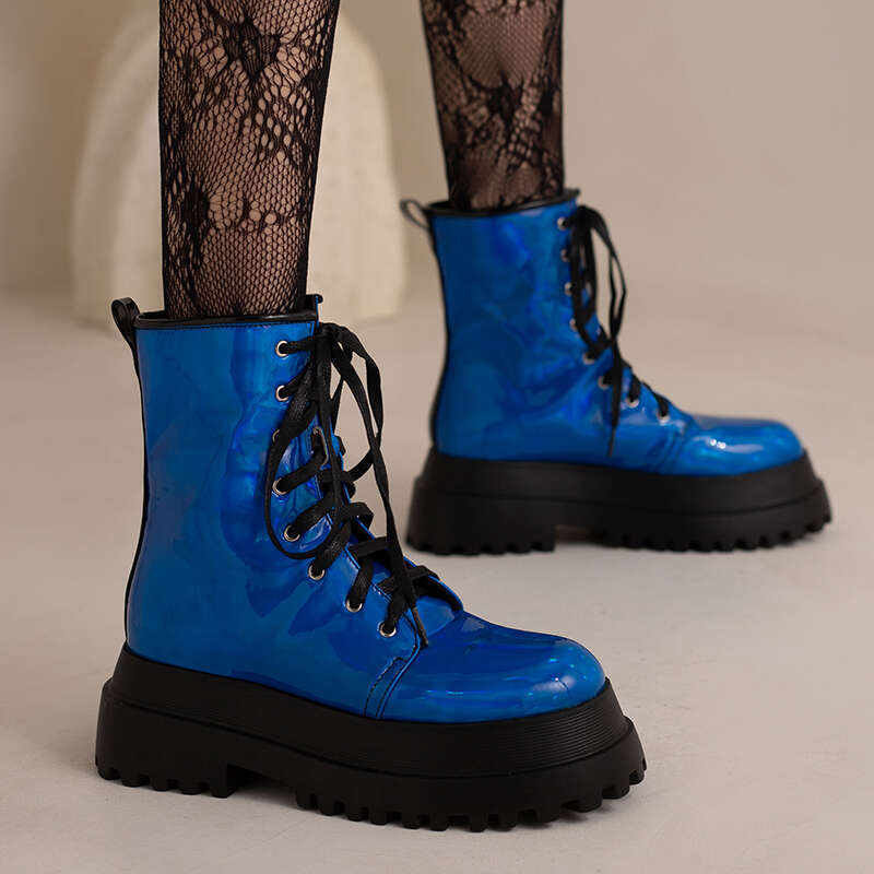 Double Layer Platform Shiny Patent Leather Flat Bottom Plush Inner Ing Lace Up Autumn New Women's Boots