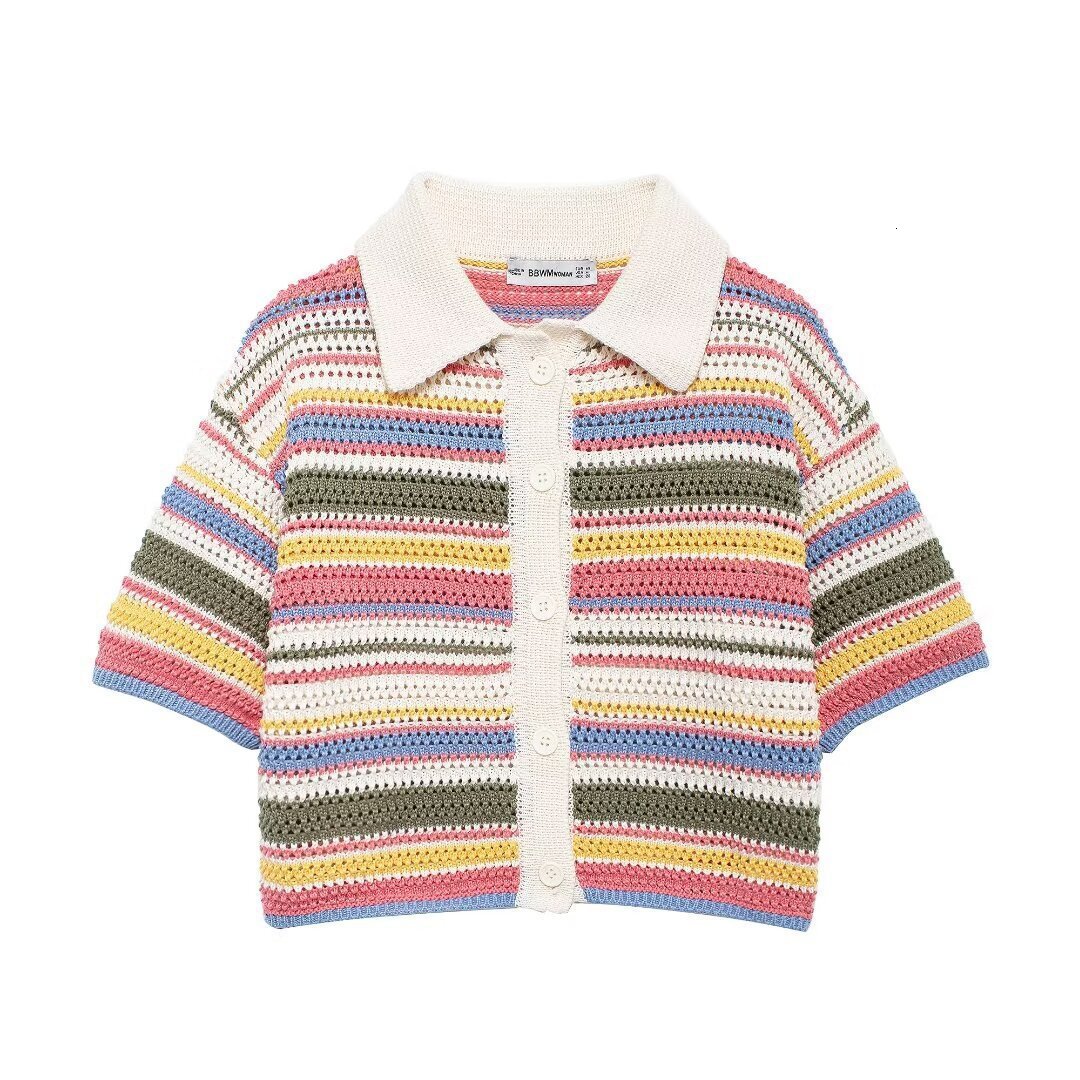 Polo Collar Womens New Product Crochet Autumn Style Colorful Short Sleeved Striped Street Fashion Cardigan