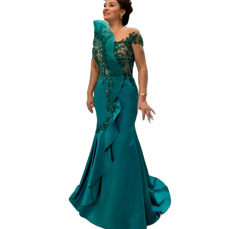 Elegant Mother Of The Bride Dresses Ruffles Short Sleeves Hunter Satin Mermaid Wedding Guest Dress Lace Appliques Beaded Long Formal Party Gown For Wo