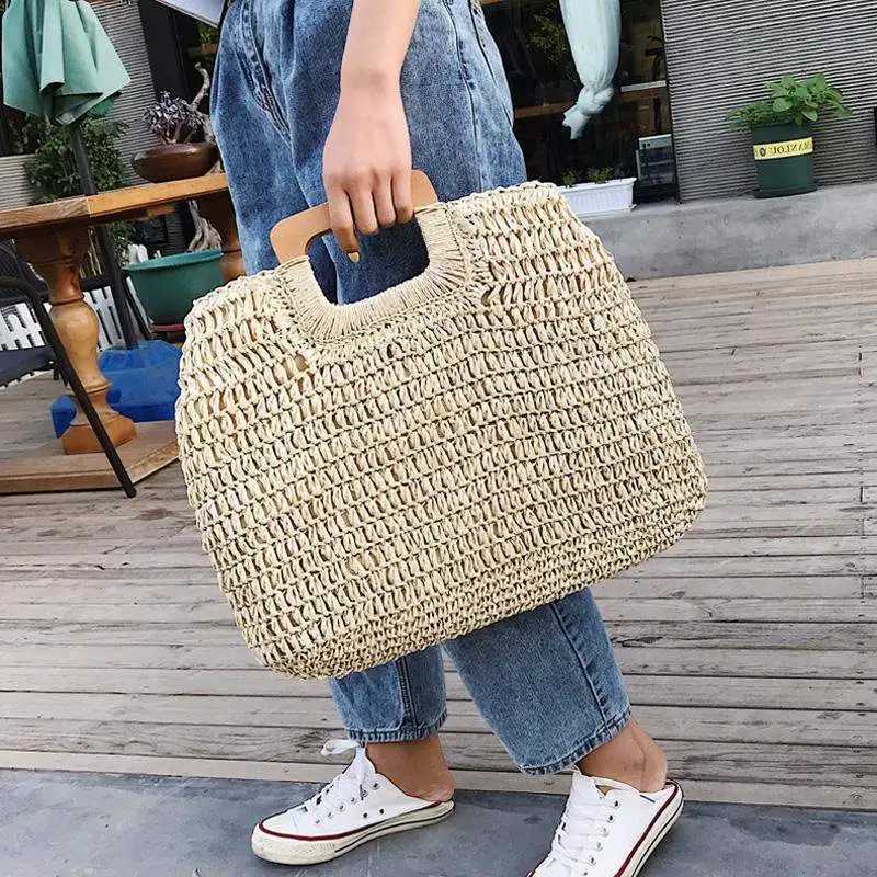 CMM Casual Rattan Large Capacity Tote for Women Wicker Woven Wooden Handbags Summer Beach Straw Bag Lady Big Purses Travel Sac 2024 240909