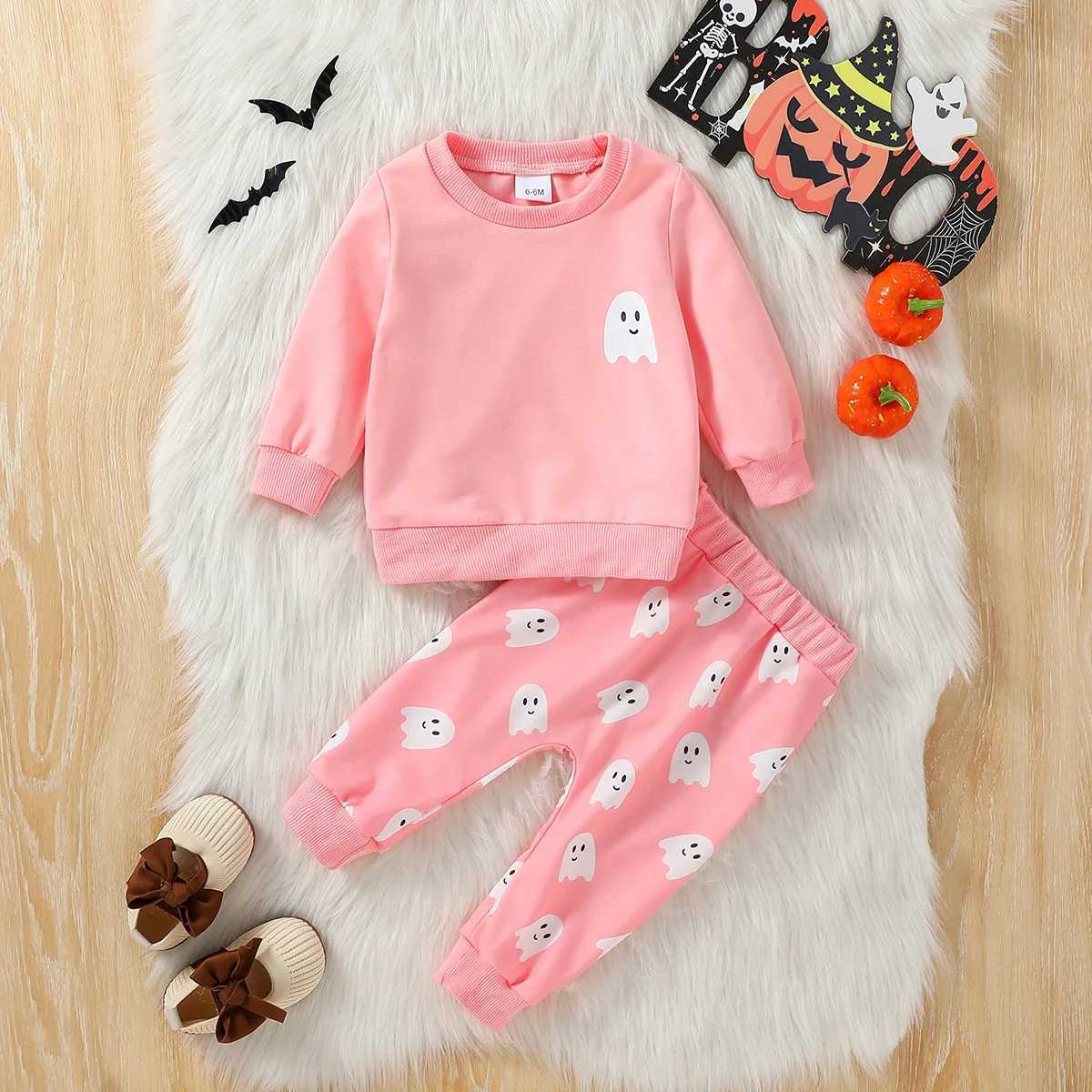 Clothing Sets 2024 2Pcs Baby Autumn/Winter Gilrs Pink Long Sleeve Print Ghost Sweatshirt Set For Halloween Day H241126