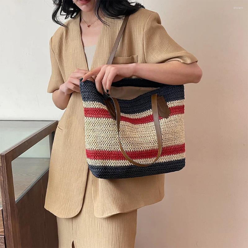Shoulder Bags Straw Bag For Women Large Capacity Tote Color Strip Handbag Zipper Crossbody Travel Holiday Shopping