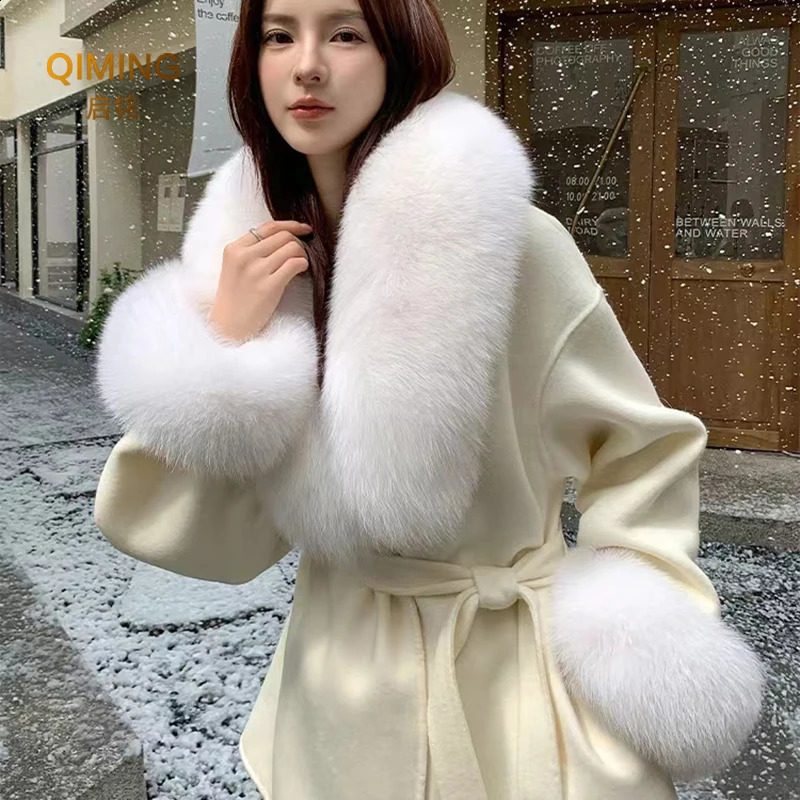 Winter real fox fur collar womens large fur scarf set fluffy fur shawl fur cuff set fur wrapped scarf jacket 240909
