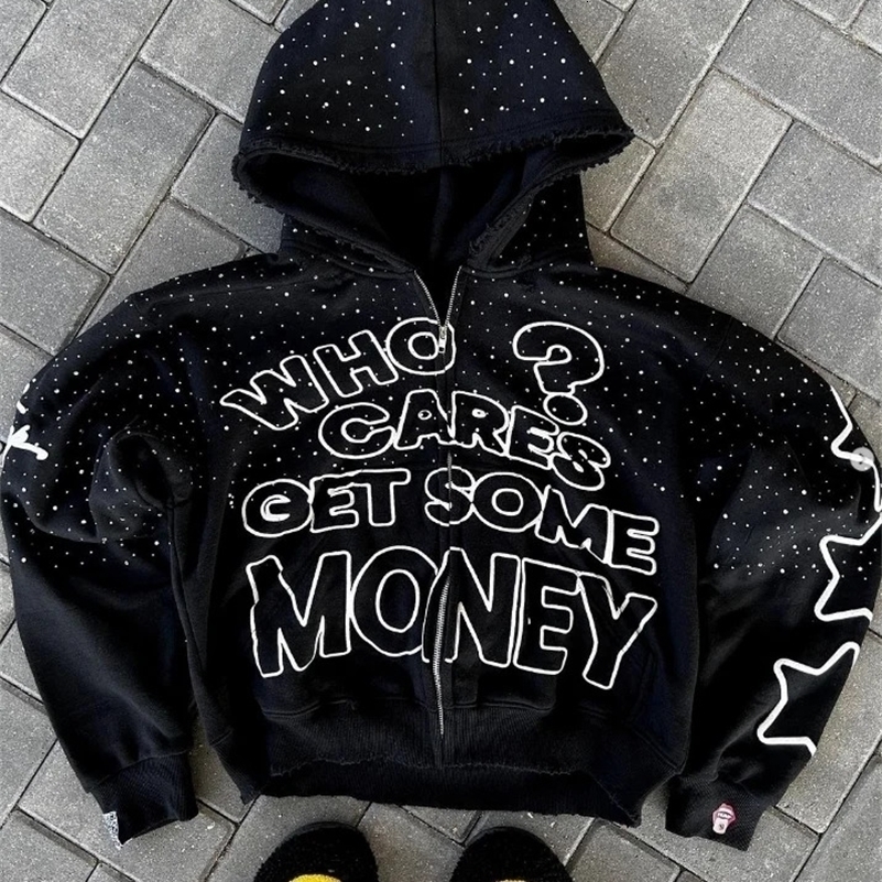 American Street Hip-hop Letter Print Zipper Hoodie Women High Street Retro Street Harajuku Fashion Trendy Loose Casual Y2K Tops 240906