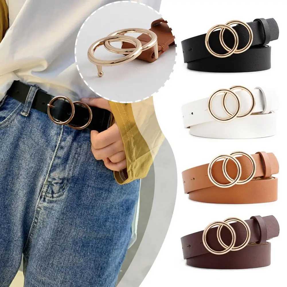 Womens Double Round Belt PU Metal Fashion Leather Retro Luxury Belt Solid Color Belt Casual Dress Jeans Accessories W240920