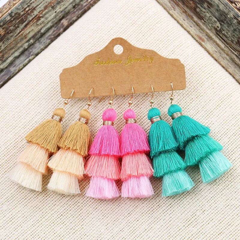 Women Bohemian Colored Tassel Dangling Earrings For Girl Pagoda Fan Eardrop Female Net Flowe Fashion Jewelry y240906