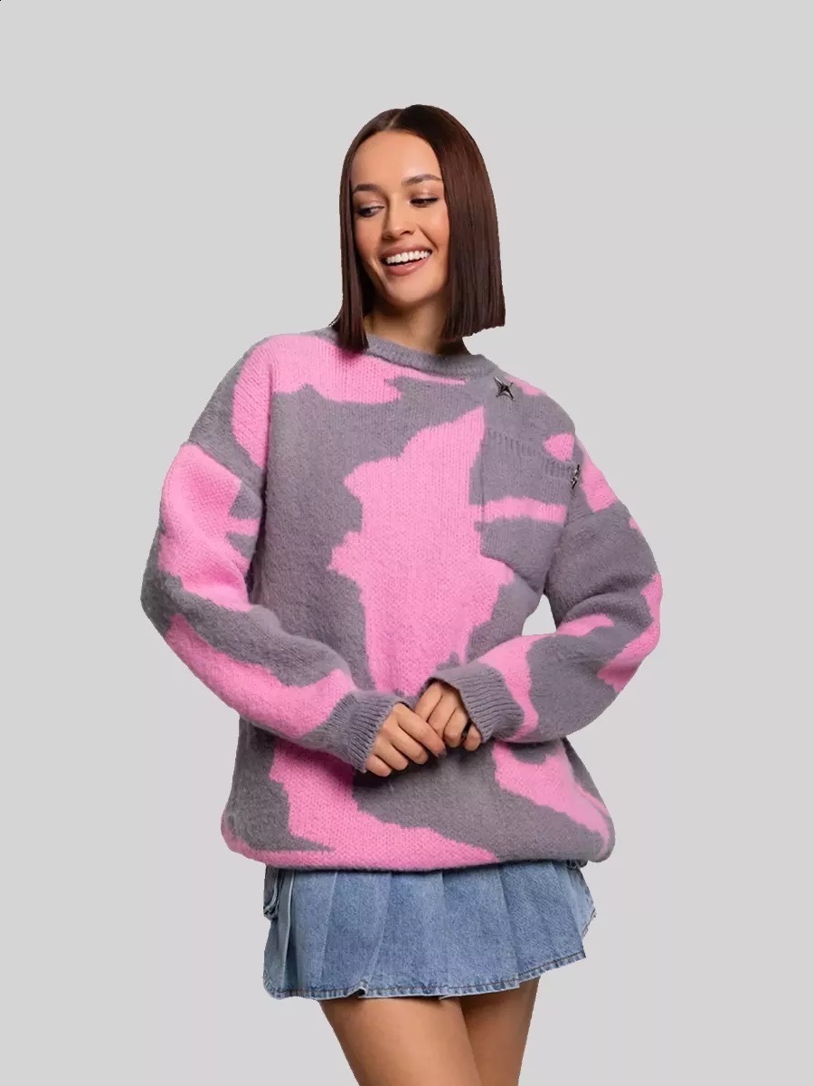 American Street Figure Geometric Printing Loose Harajuku Couple Knitted Sweater Y2k Retro Rose Red Casual Pullover Sweater 240821
