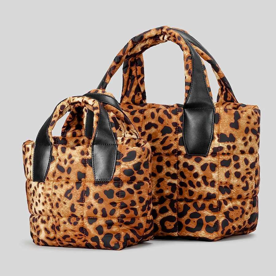 CMM Fashion Leopard Puffer Bag Quilted Padded Women Handbags Soft Nylon Down Cotton Shoulder Crossbody Bags Silver Tote 2024 New 240909