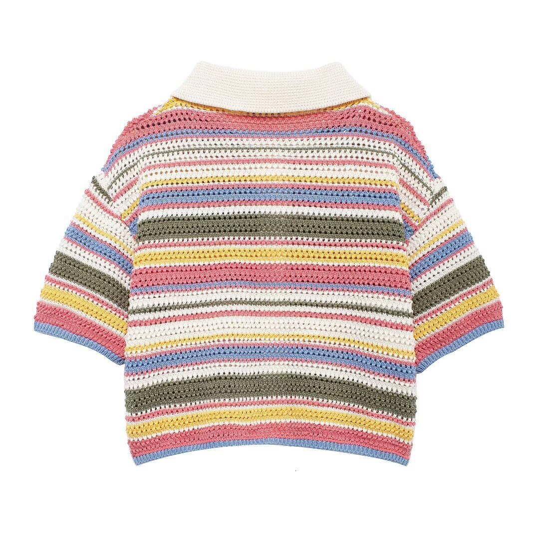 Polo Collar Womens New Product Crochet Autumn Style Colorful Short Sleeved Striped Street Fashion Cardigan