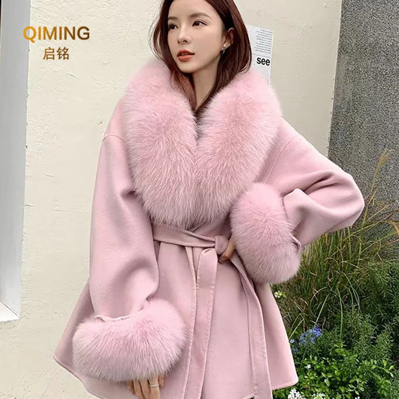Winter real fox fur collar womens large fur scarf set fluffy fur shawl fur cuff set fur wrapped scarf jacket 240909