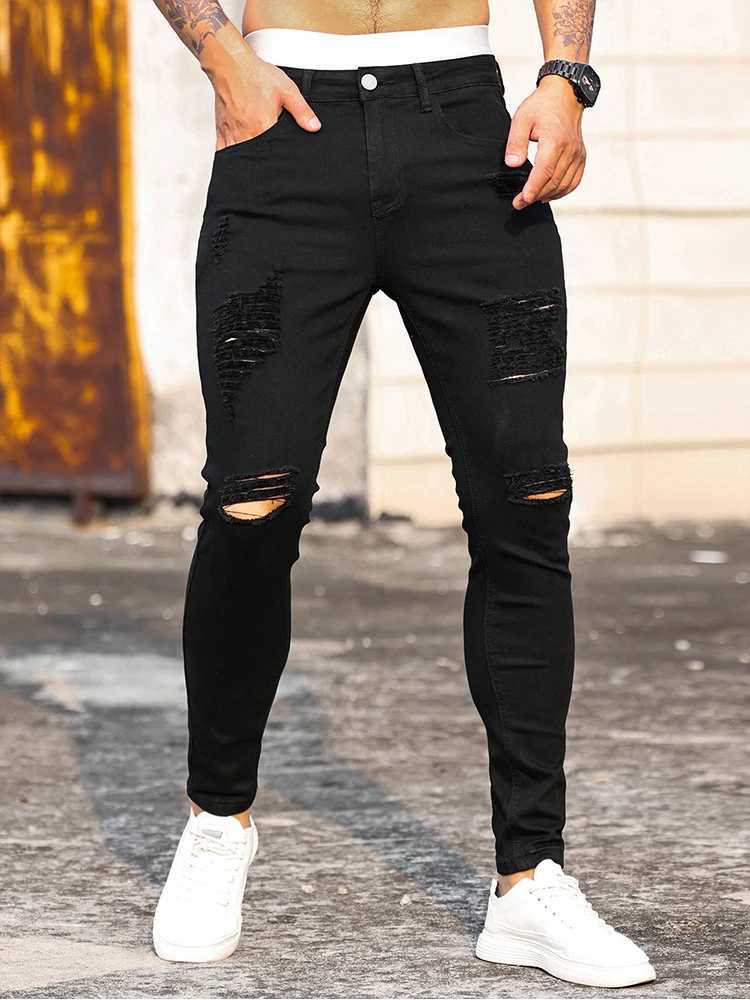 Mens Strt cracked jeans pure black elastic tight fitting pencil pants boyfriend club clothing denim Ropa Hombre X2410261