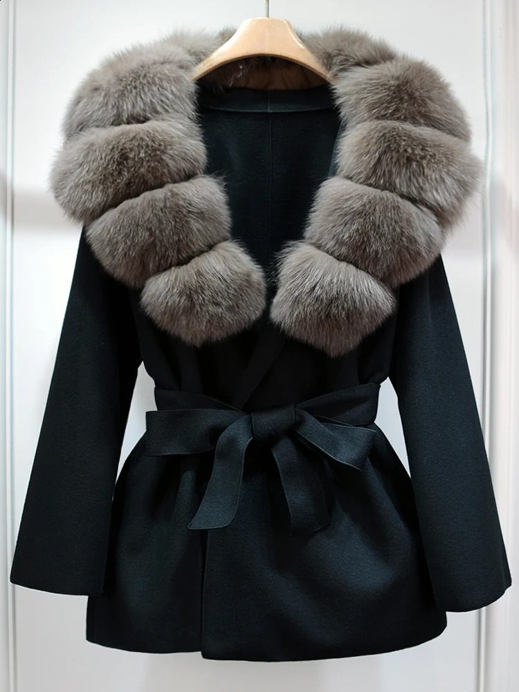 Janveny wool coat womens 2024 autumn and winter cashmere coat real fox fur collar womens elegant belt jacket 240909