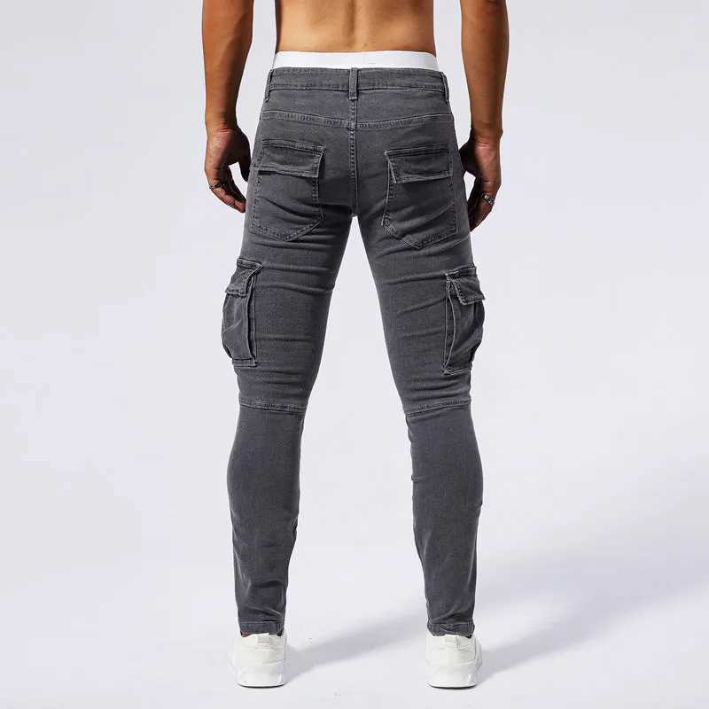 Slim Fit Large Pocket Jeans Cargo Pants for Men Fashionable Casual Hip Hop Stretch Denim Long Pants Male Streetwear Track Pants X250227