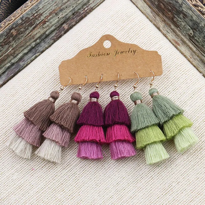 Women Bohemian Colored Tassel Dangling Earrings For Girl Pagoda Fan Eardrop Female Net Flowe Fashion Jewelry y240906