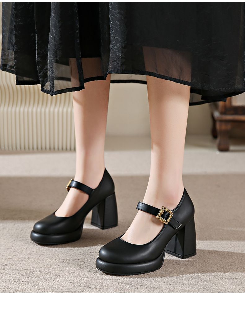 Dress shoes Classic Mid heeled boat shoe Designer shoe Belt buckle Thick heel high heels Tassels Round head Metal Button women shoes Large size 35-40-