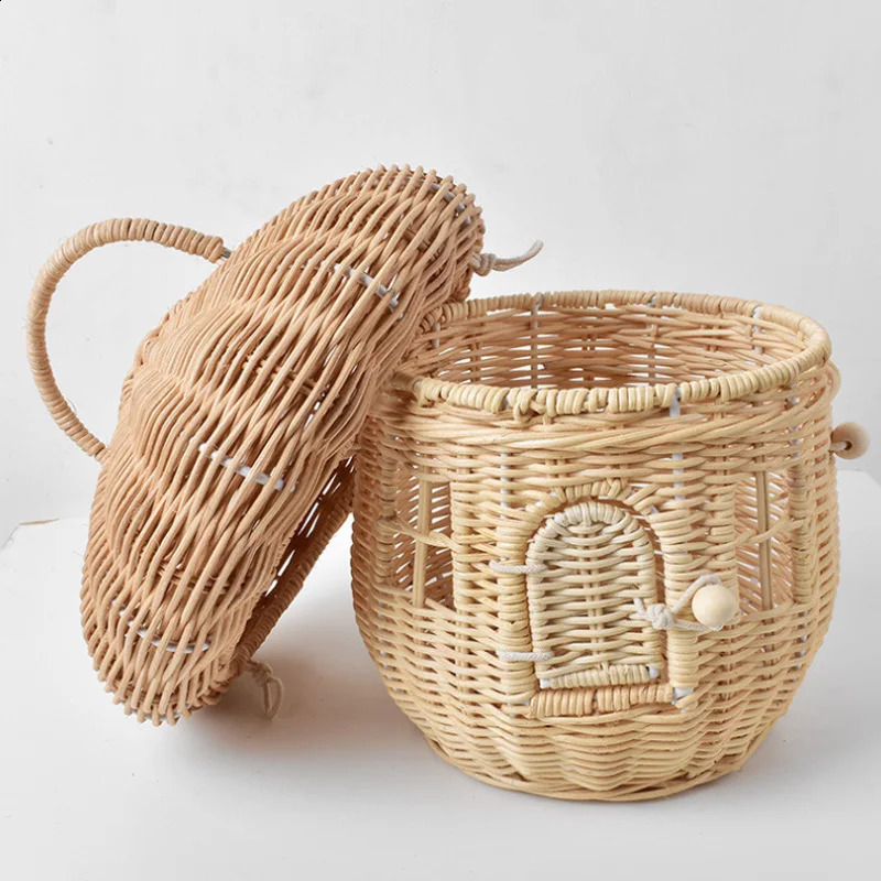 Rattan woven mushroom basket Bohemian portable straw storage box Outdoor vacation picnic basket Childrens toys Sunshine organizer 240903