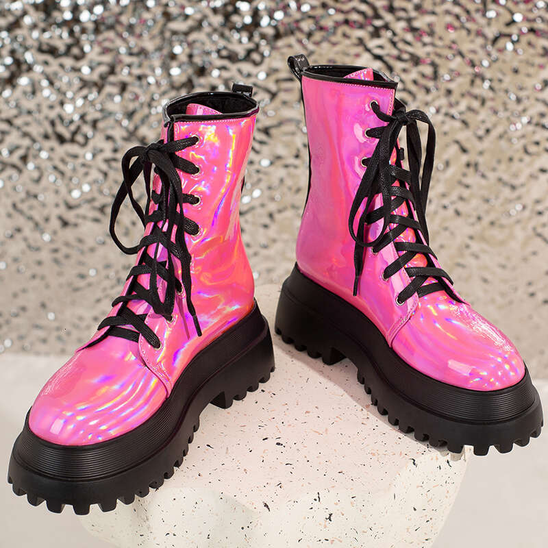 Double Layer Platform Shiny Patent Leather Flat Bottom Plush Inner Ing Lace Up Autumn New Women's Boots