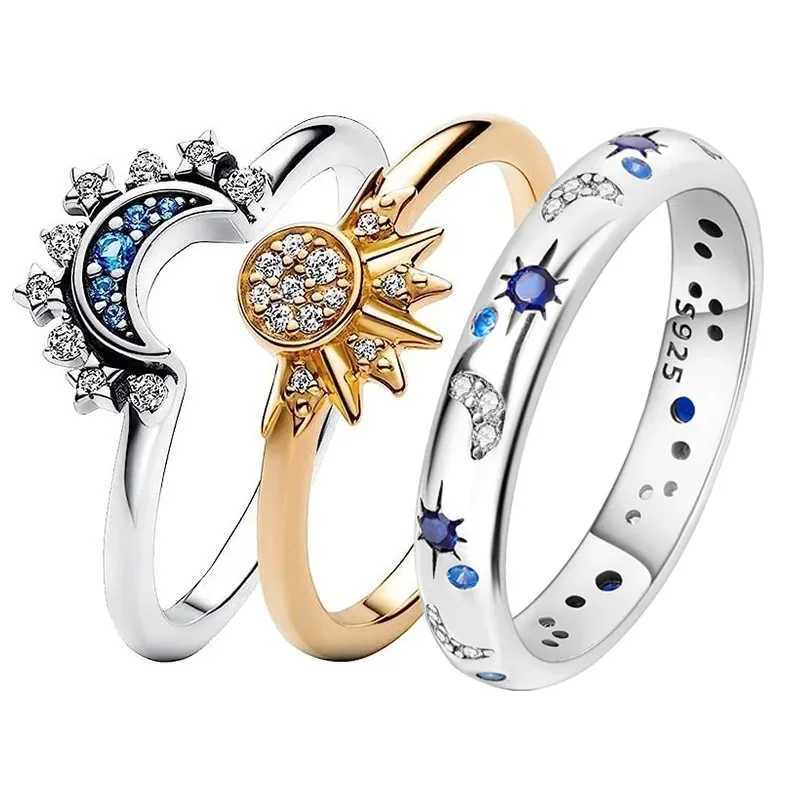 2023 New Celestial Blue Sparkling Moon Sun Star Crystal Ring for Women Fashion Elegant Stackable Finger Band Party Jewelry GiftsX240909