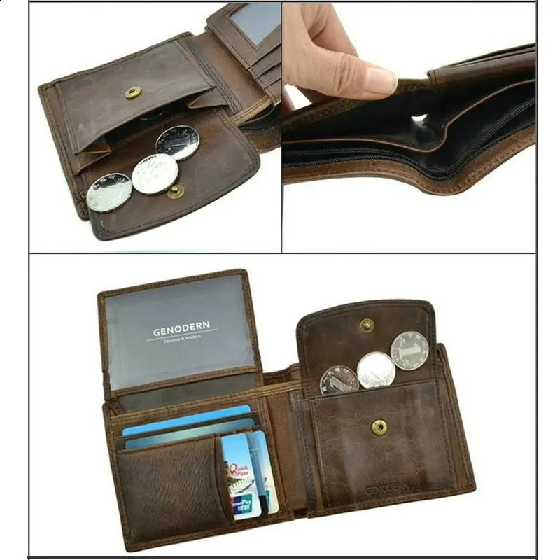 Cowboy leather mens wallet with coin pocket retro mens wallet function brown leather mens wallet with card slot 240907
