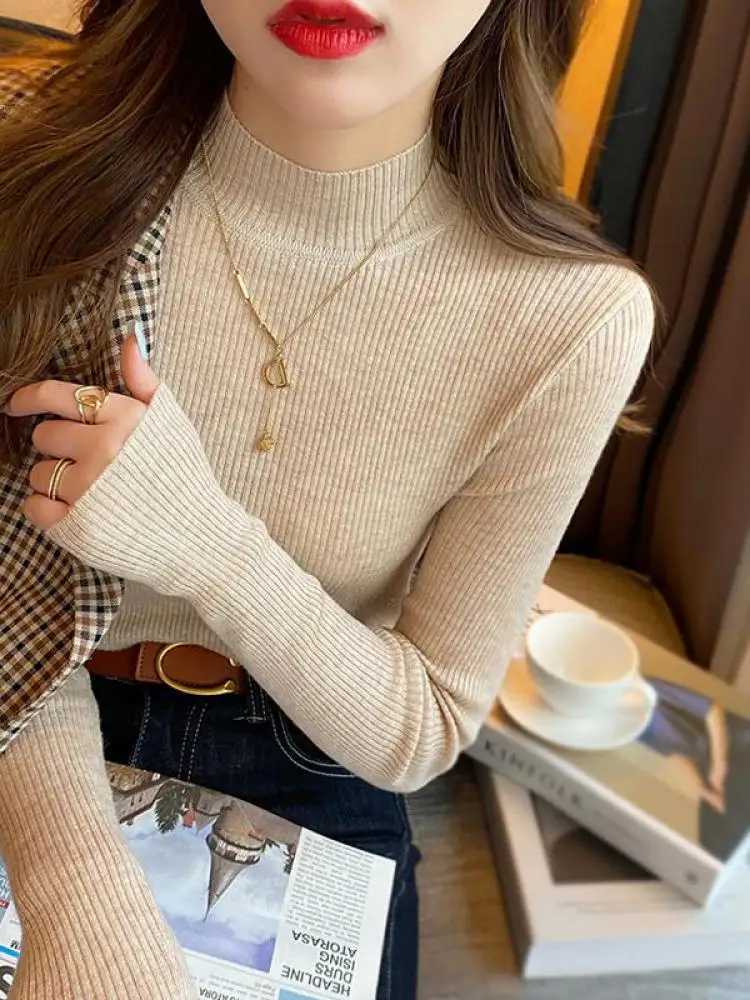 Autumn Winter Mock Neck Women Sweater Vintage Basic Solid Knitted Korean Tops Casual Slim Pullover Sweaters Simple Chic JumpersX2409