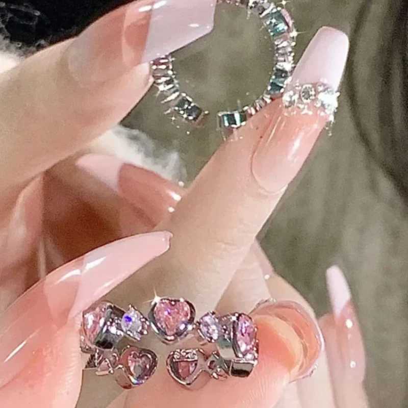 Adjustable Crystal Ring Y2K Pink Irregular Geometry Retro Bow Heart Ring Set 2023 New Fashion Jewelry GiftXJ250412