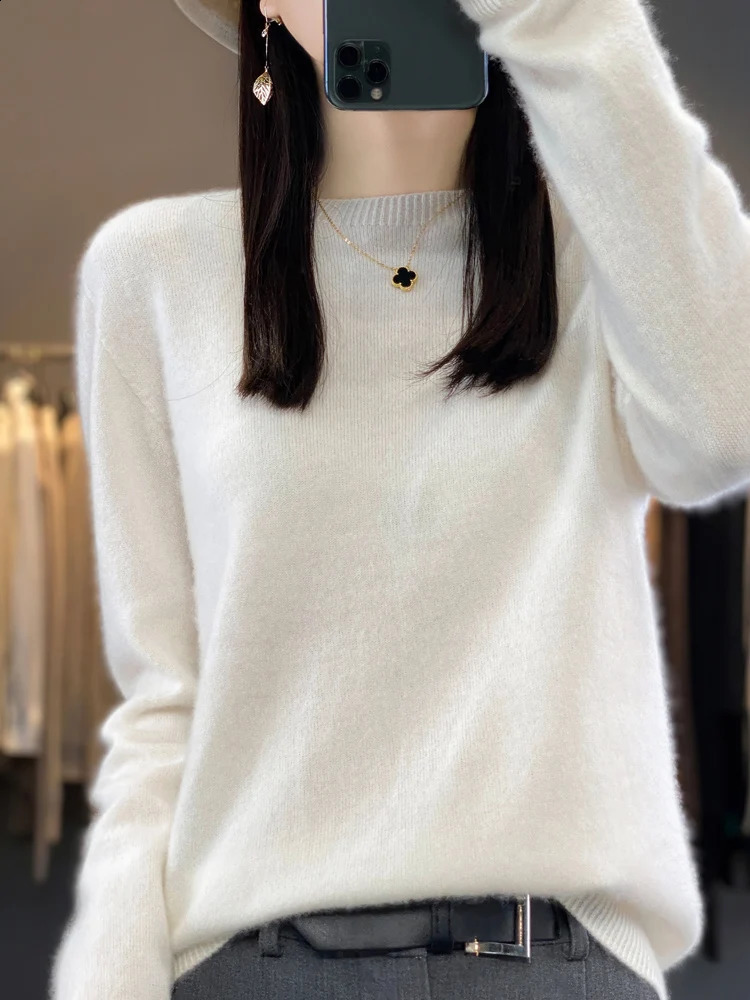 Autumn and Winter Womens Floral Style 100% Merino Wool Sweater Cashmere Top Basic O-neck Long sleeved Knitted 240909