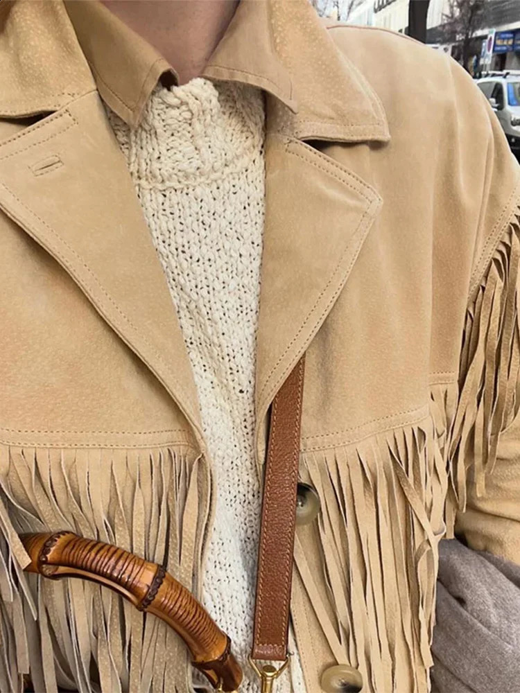 Female Autumn Retro Tassel Lapel Jackets Casual Long Sleeve Single-breasted Jacket Coats With Pockets Women High Street Outwear 240830