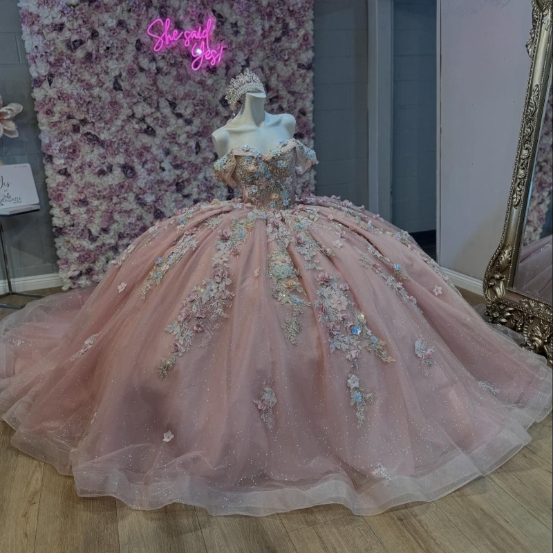 Pink Shiny Quinceanera Dresses Ball Gown Off The Shoulder Lace Applique Beaded Tull Tiered Ruffles Corset Sweet 16 Dress Vestido De 15 Anos