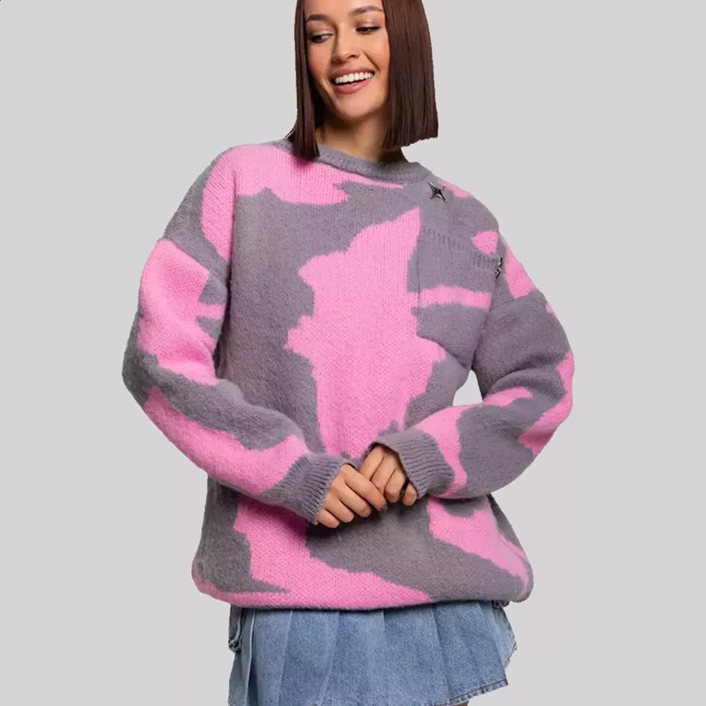 American Street Figure Geometric Printing Loose Harajuku Couple Knitted Sweater Y2k Retro Rose Red Casual Pullover Sweater 240821