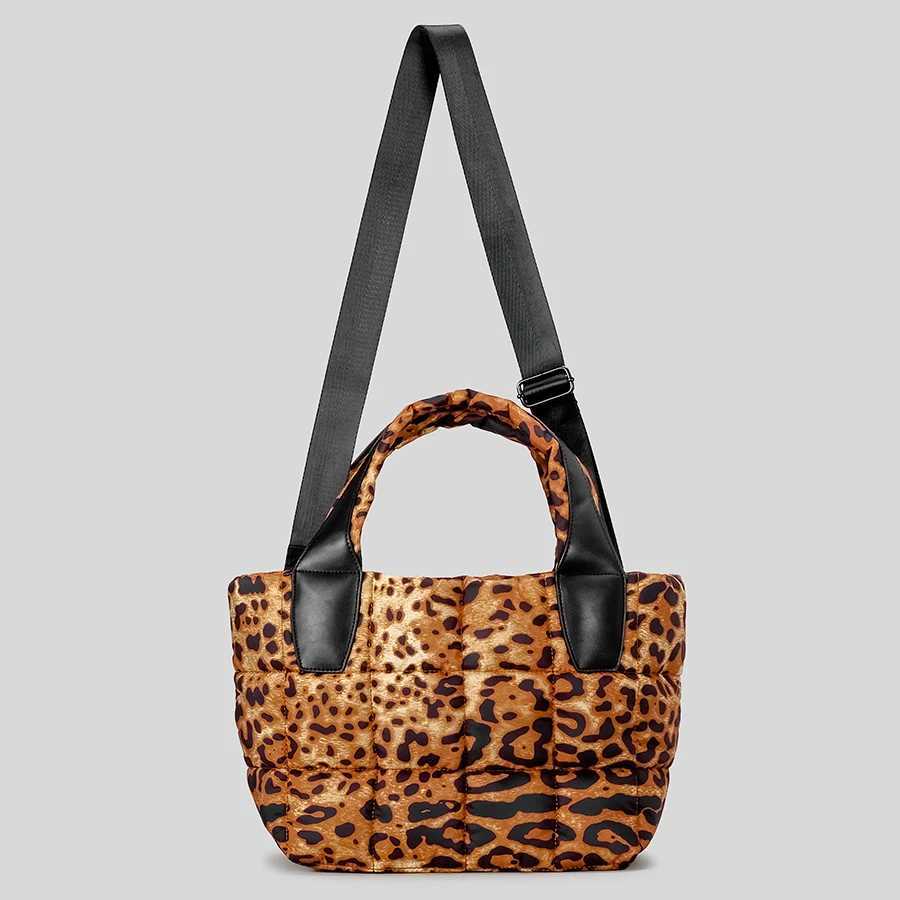 CMM Fashion Leopard Puffer Bag Quilted Padded Women Handbags Soft Nylon Down Cotton Shoulder Crossbody Bags Silver Tote 2024 New 240909