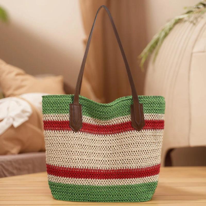 Shoulder Bags Straw Bag For Women Large Capacity Tote Color Strip Handbag Zipper Crossbody Travel Holiday Shopping