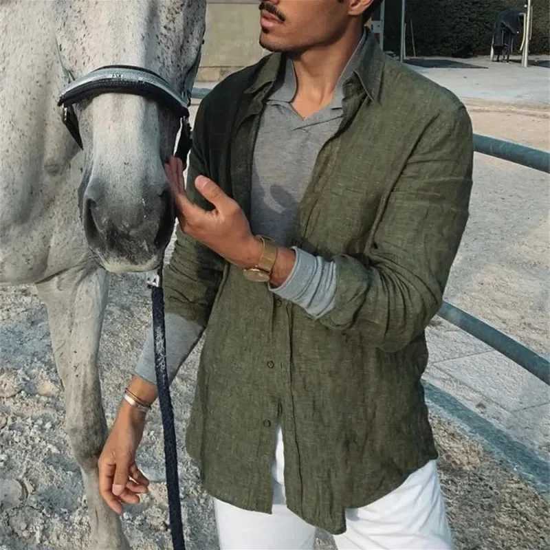 2024 Men Casual Cotton Linen ShirtsStanding Collar Male Solid Color Long Sleeves Loose Tops Spring Autumn Handsome Mens Shirts Y240909