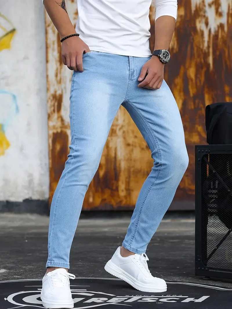 Mens pants vintage washed zipper stretch jeans casual slim fit mens Trouser plus size pencil pants denim tight jeans X2410261