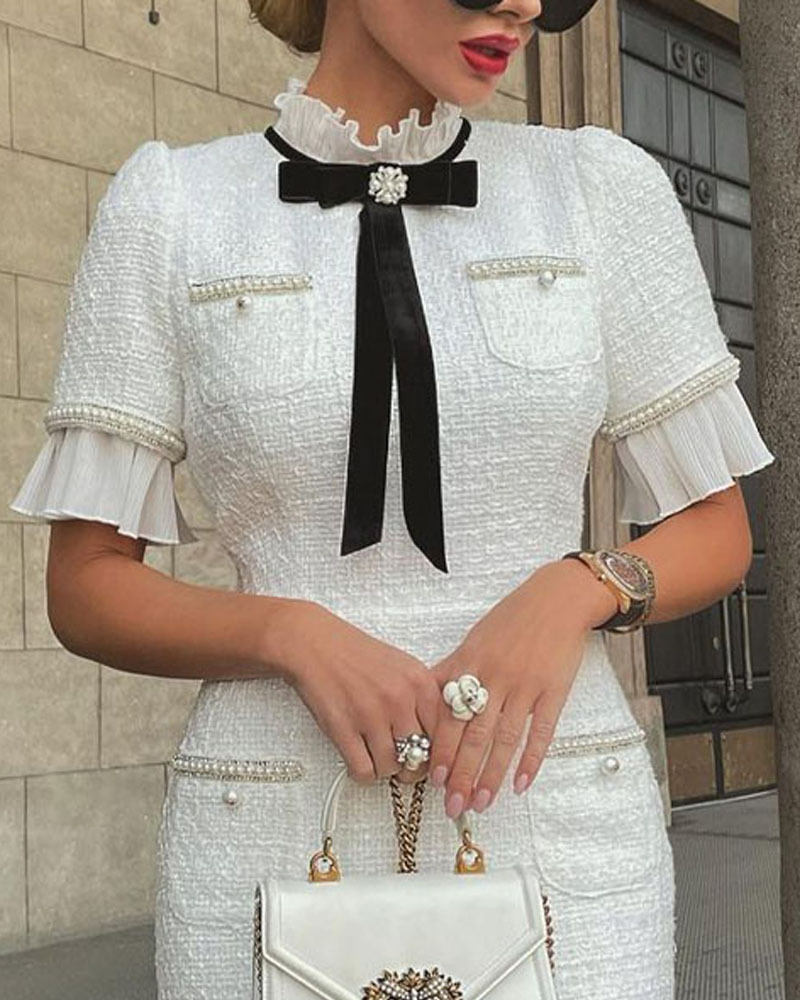 Casual Dresses Women Dress Elegant Round Neck Short Sleeves Bow Ruffle Hem Beaded Fashion High Street Fairycore White