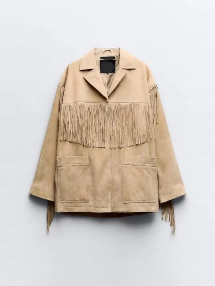 Female Autumn Retro Tassel Lapel Jackets Casual Long Sleeve Single-breasted Jacket Coats With Pockets Women High Street Outwear 240830