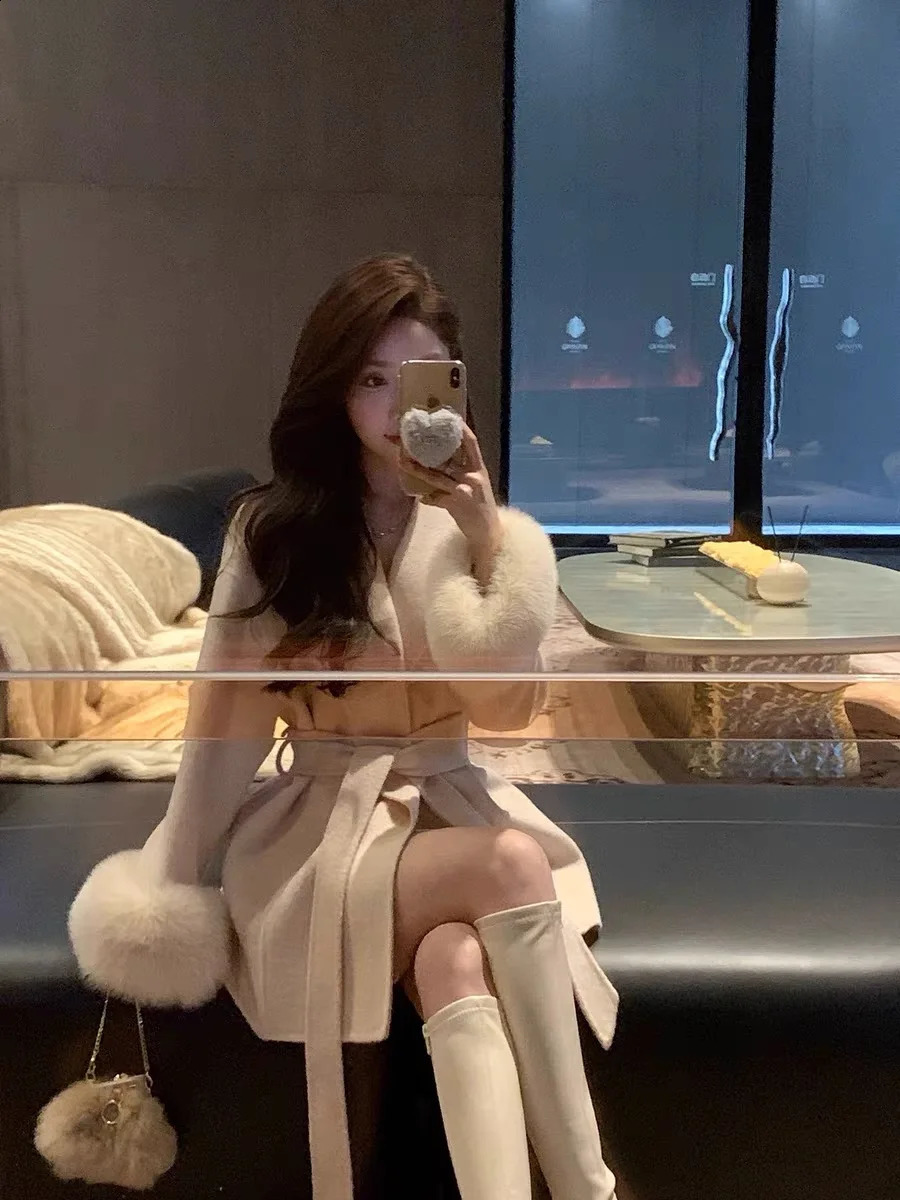 high-end double-sided wool shoulder strap coat for women detachable cuffs fox fur temperature double-sided cashmere short jacket 240909