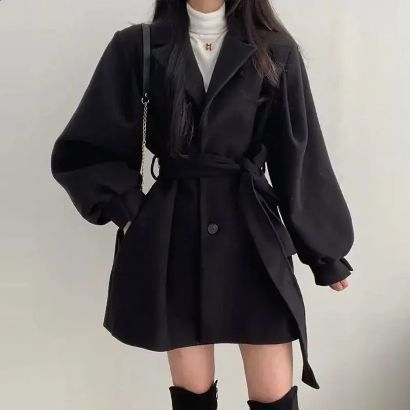 Black wool jacket womens autumn/winter trend mid length Korean style suit collar small wool coat 240909