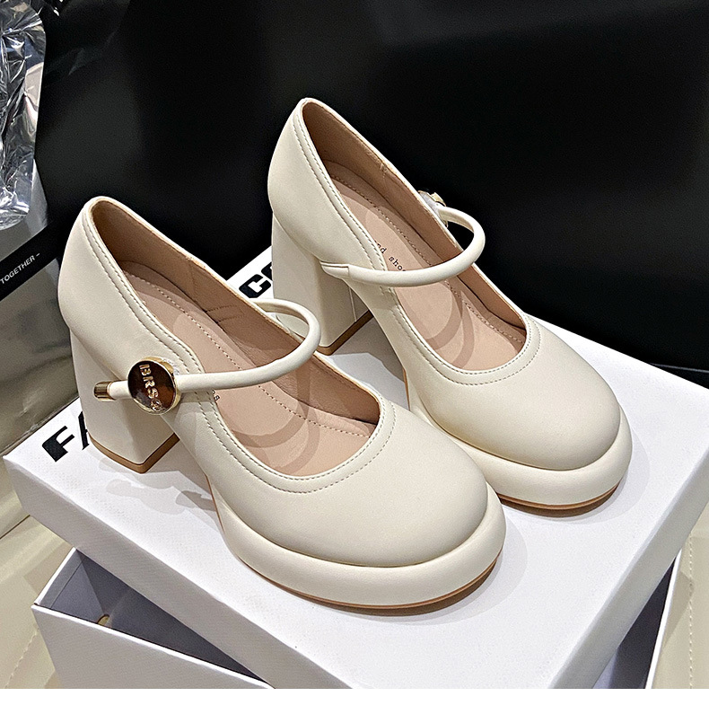 2025 new Dress Classic Mid heeled boat Designer shoe Belt buckle Thick heel high heels Tassels Round head Metal Button women shoes Large