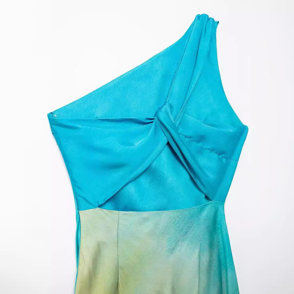 New Satin Sloping Shoulder Dress Tie Dye Gradient Summer Womens Asymmetric