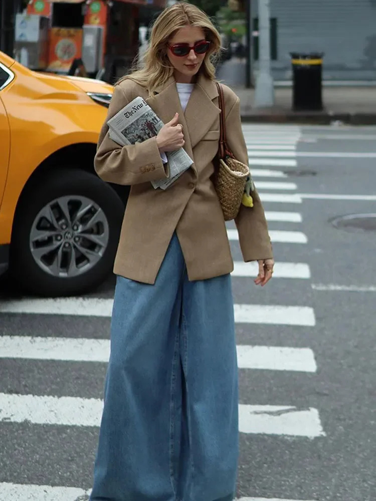 Womens Brown Lapel Solid Blazer Coat Female Commute Long Sleeves Pocket Loose Jacket Casual Lady Irregular Outerwear 240904 B4