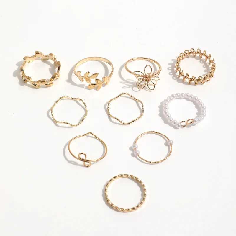 Bohemian style hollow flower wreath simple and smooth vines imitating pearl rings 10 piece setXJ250412