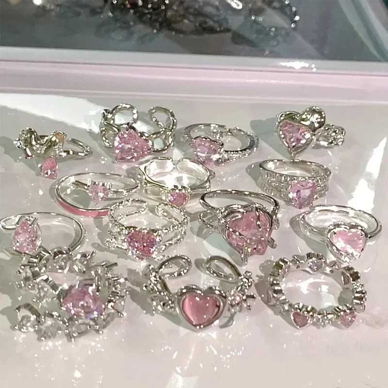 Adjustable Crystal Ring Y2K Pink Irregular Geometry Retro Bow Heart Ring Set 2023 New Fashion Jewelry GiftXJ250412