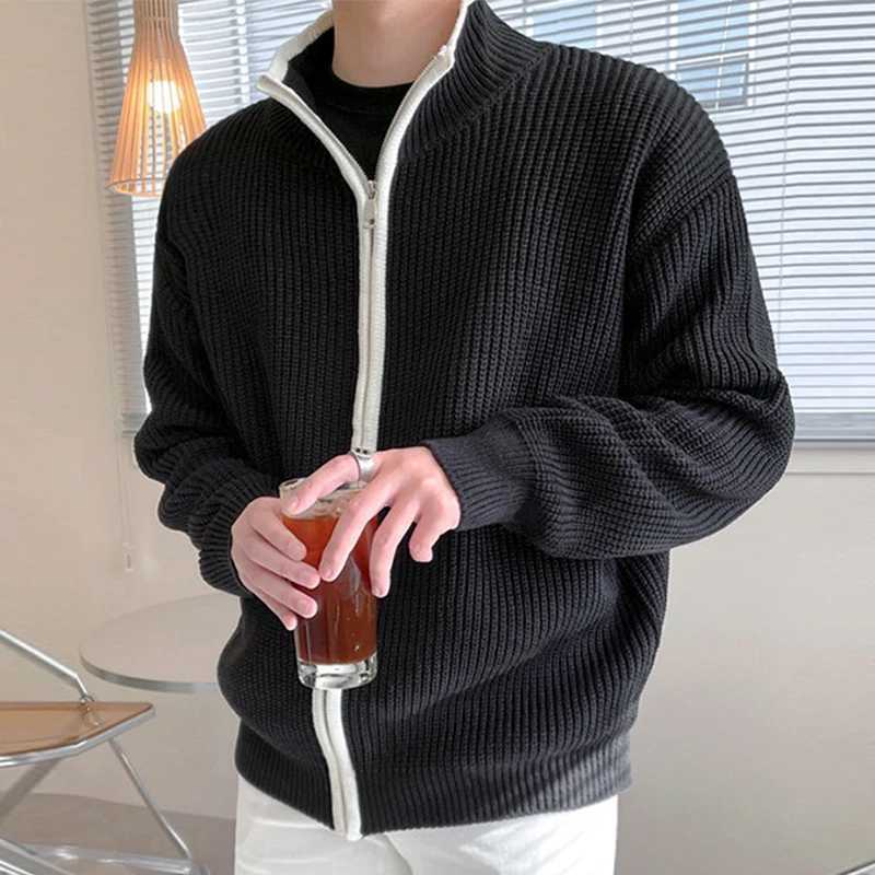 Winter mens luxury knitted zipper cardigan stand collar solid color long sleeved casual streetwear loose jacket W240907